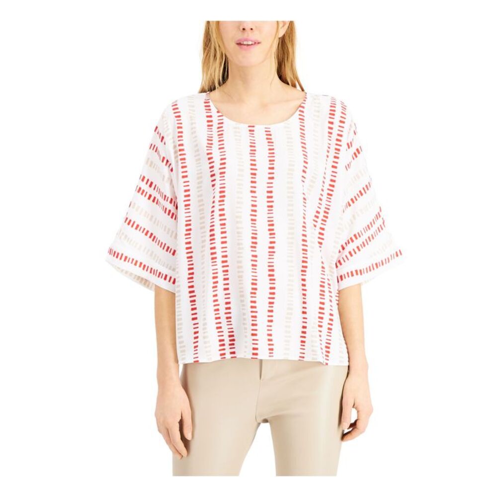 ALFANI Womens White Printed Kimono Sleeve Scoop Neck Top S